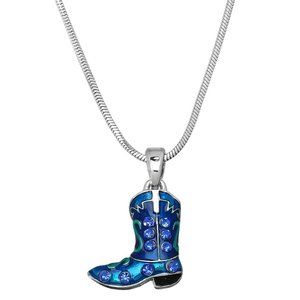 Cowboy Blue Green Boot Charm Pendant/Necklace/Rhinestone Crystal Hand Painted